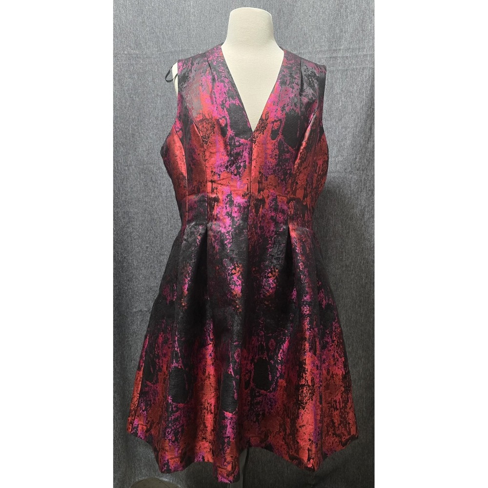 Vince Camuto Dress 14 Black Red Pink Metallic Jacquard Sleeveless Fit Flare